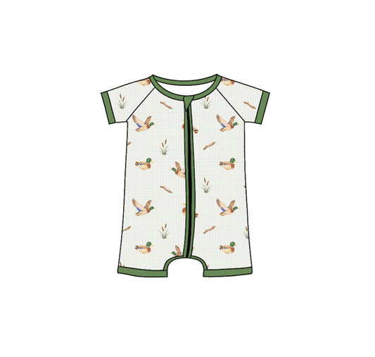 ( Moq 5 )  Preorder Baby Boys Infant Short Sleeves Ducks Green Plaid Zipper Romper