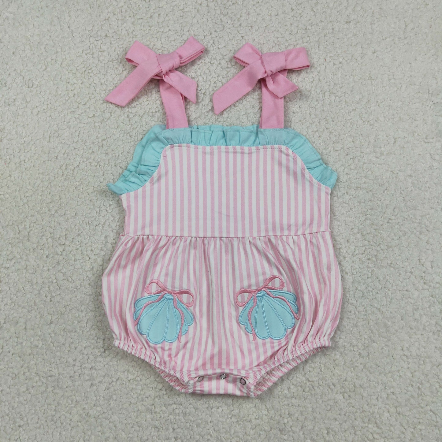 Sibling Baby Girls Kids Embroidery Shell Bows Stripes Romper Dress Clothes RTS