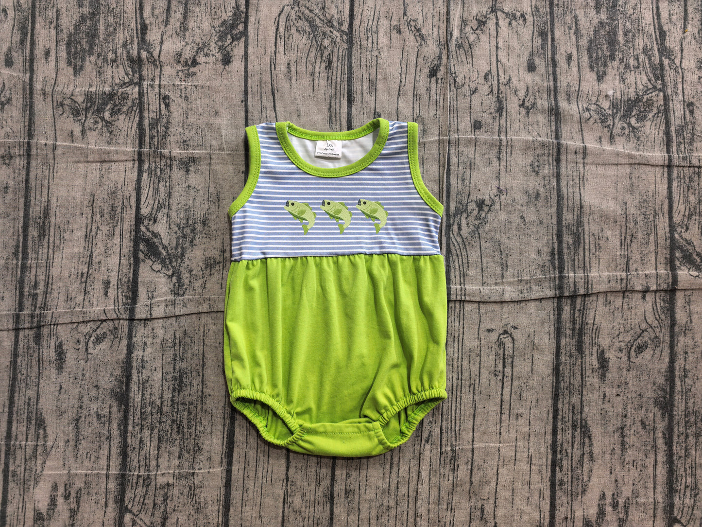 ( No moq )  Preorder Baby Boys Infant Embroidery Fish Stripes Green Bubble Romper Clothes
