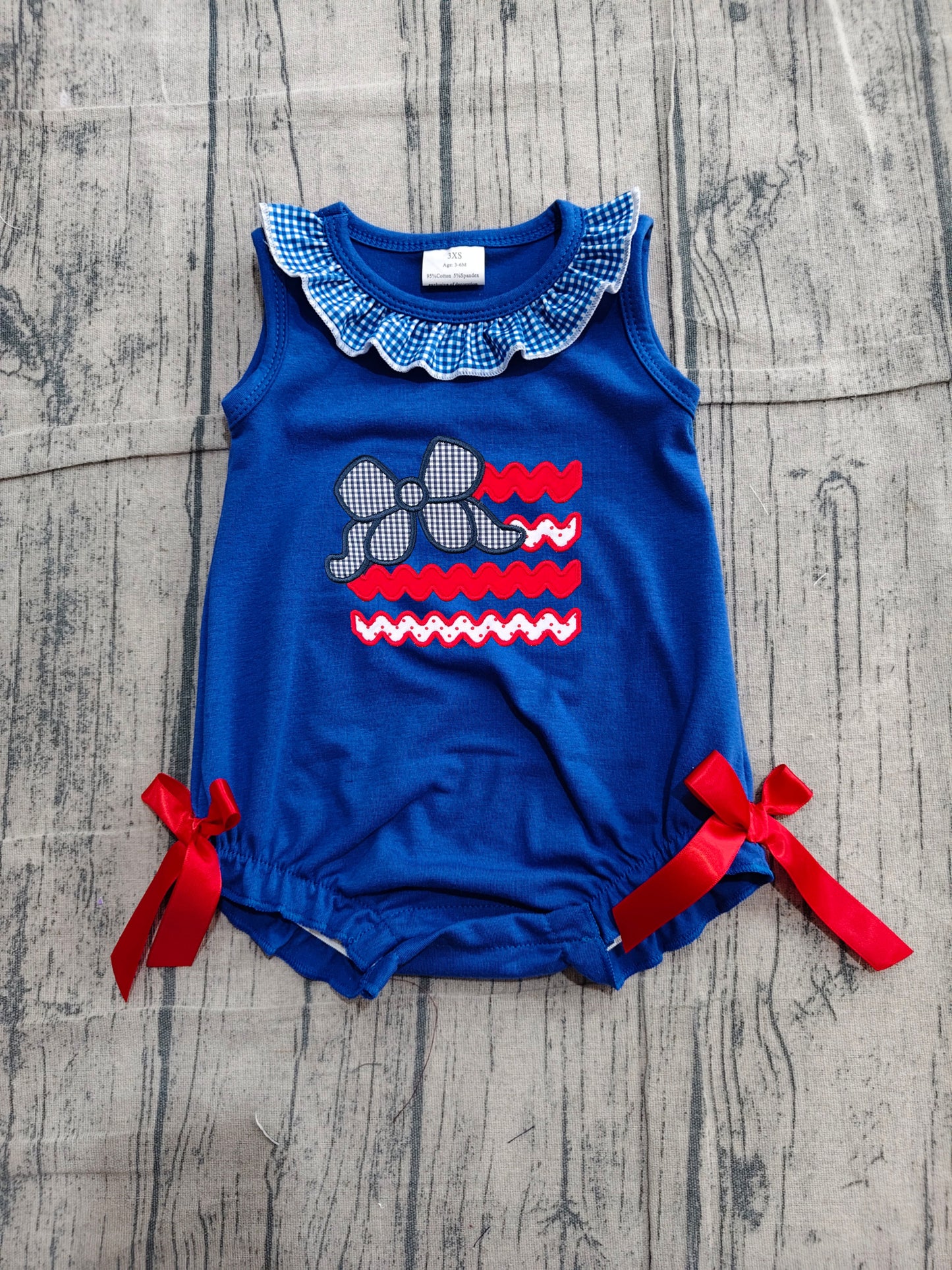 ( No moq )  Preorder Baby Girls Infant Sleeveless Embroidery Bows 4th of July Navy Bubble Romper Clothes