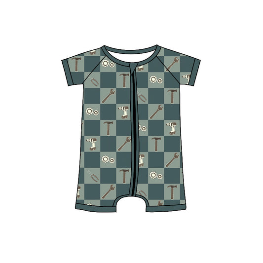 ( Moq 5 )  Preorder Baby Boy Infant Short Sleeves Green Plaid Tools Zipper Romper Clothes