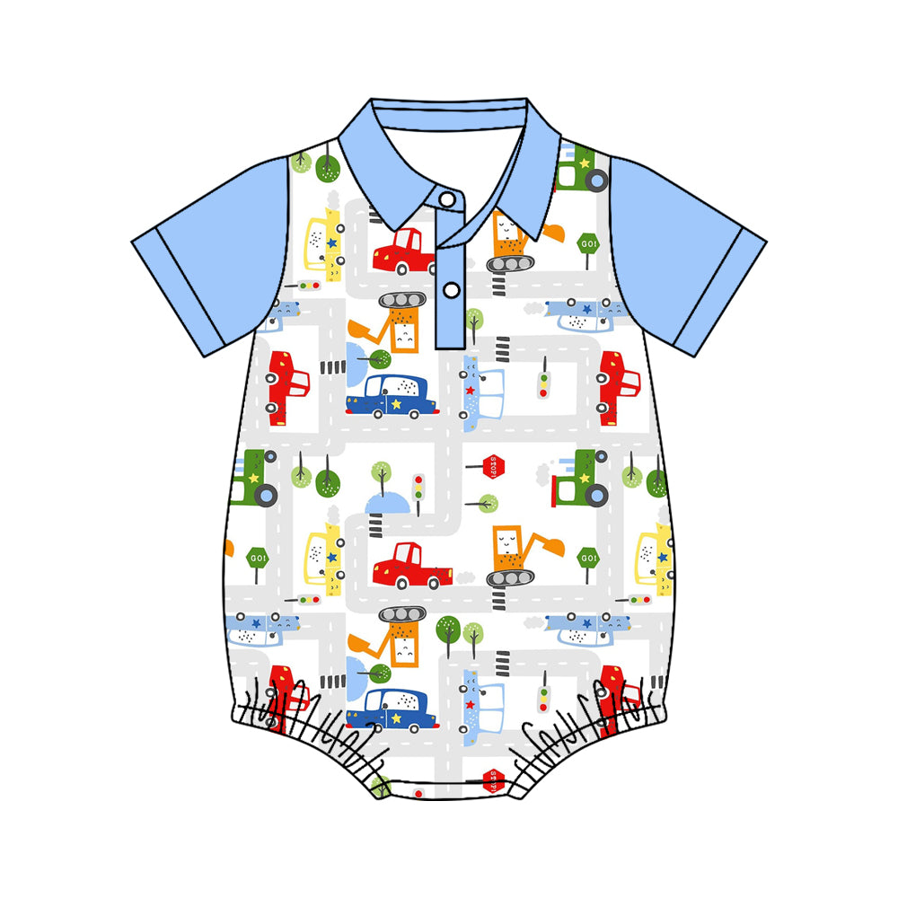 ( Moq 5 ) Preorder Baby Boys Blue Short Sleeves Construction Romper Summer Clothes