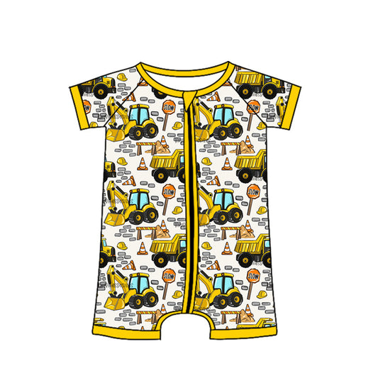 ( Moq 5 ) Preorder Baby Boys Infant Short Sleeves Excavator Zipper Romper Summer Clothes