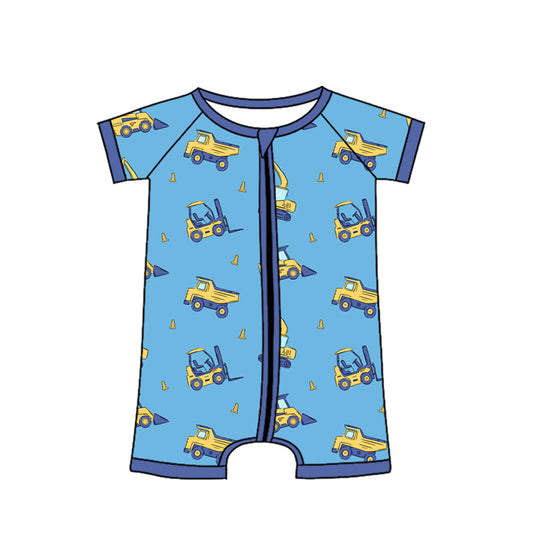 ( Moq 5 ) Preorder Baby Boys Infant Blue Short Sleeves Construction Zipper Romper Clothes