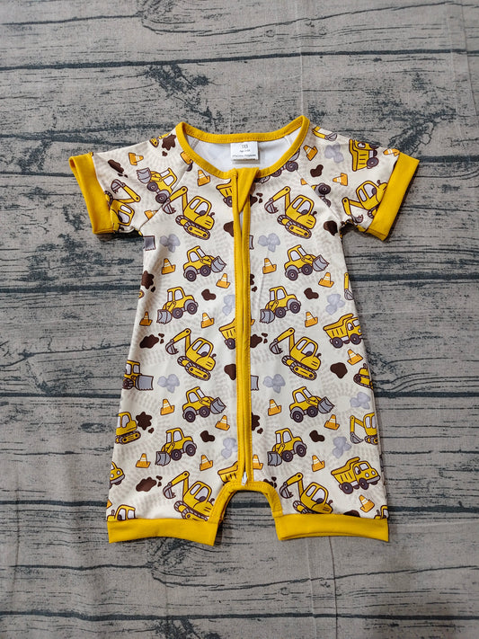 ( No moq ) Preorder Baby Boys Infant Short Sleeves Excavator Yellow Zipper Romper Clothes