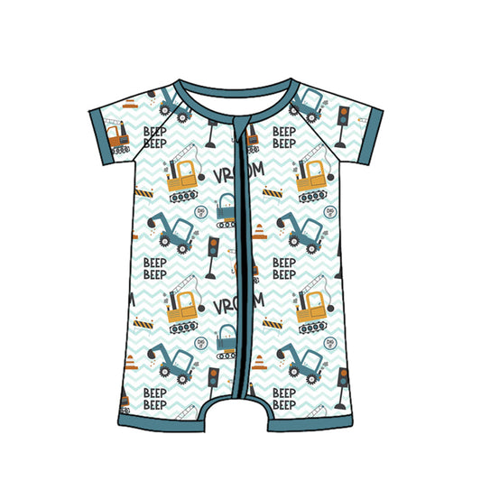 ( Moq 5 ) Preorder Baby Boys Infant Short Sleeves Construction Zipper Romper Blue Clothes