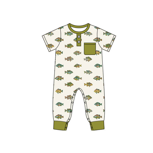 ( Moq 5 ) Preorder Baby Boys Infant Short Sleeves Fish Buttons Pocket Romper