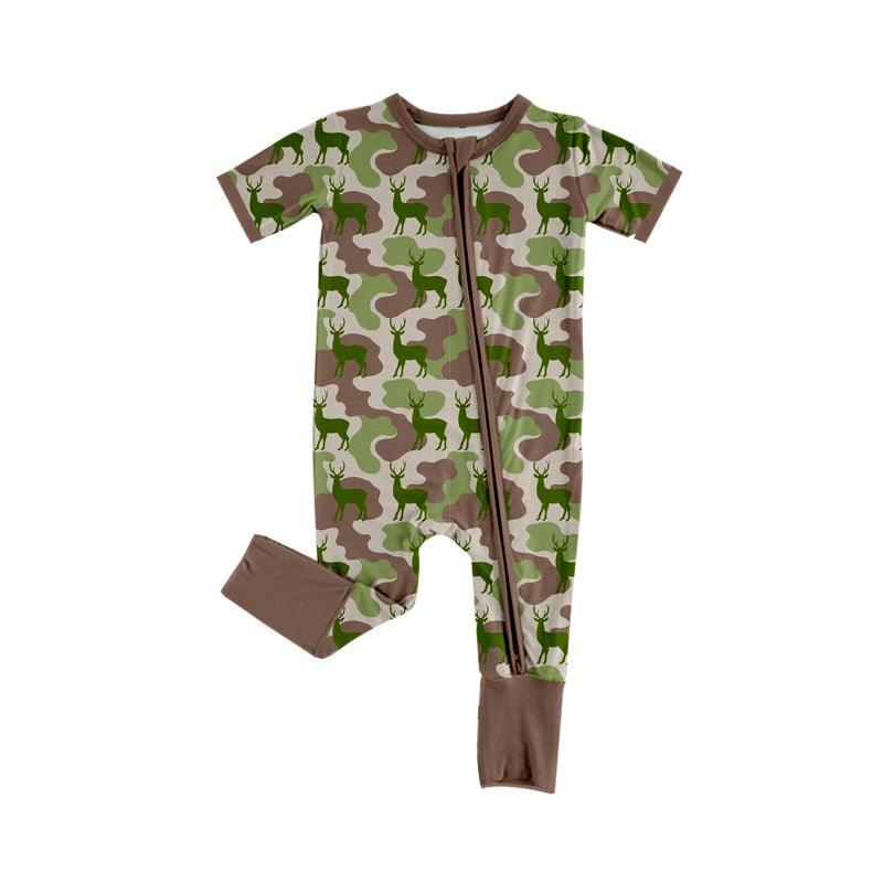 ( Moq 5 ) Preorder Baby Boys Infant Short Sleeves Camo Deer Two-way Zipper Footie Hunting Romper