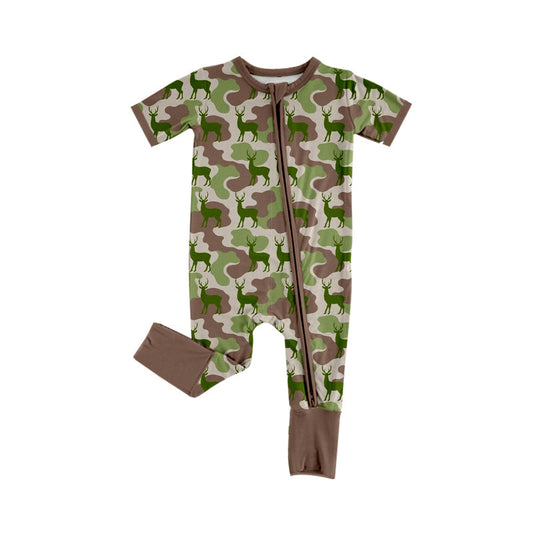 ( Moq 5 ) Preorder Baby Boys Infant Short Sleeves Camo Deer Two-way Zipper Footie Hunting Romper