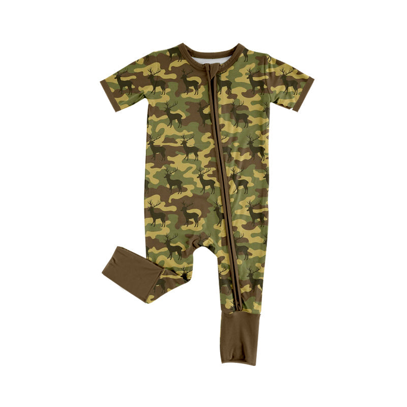 ( Moq 5 ) Preorder Baby Boys Infant Camo Deer Two-way Zipper Footie Hunting Romper