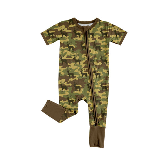( Moq 5 ) Preorder Baby Boys Infant Camo Deer Two-way Zipper Footie Hunting Romper