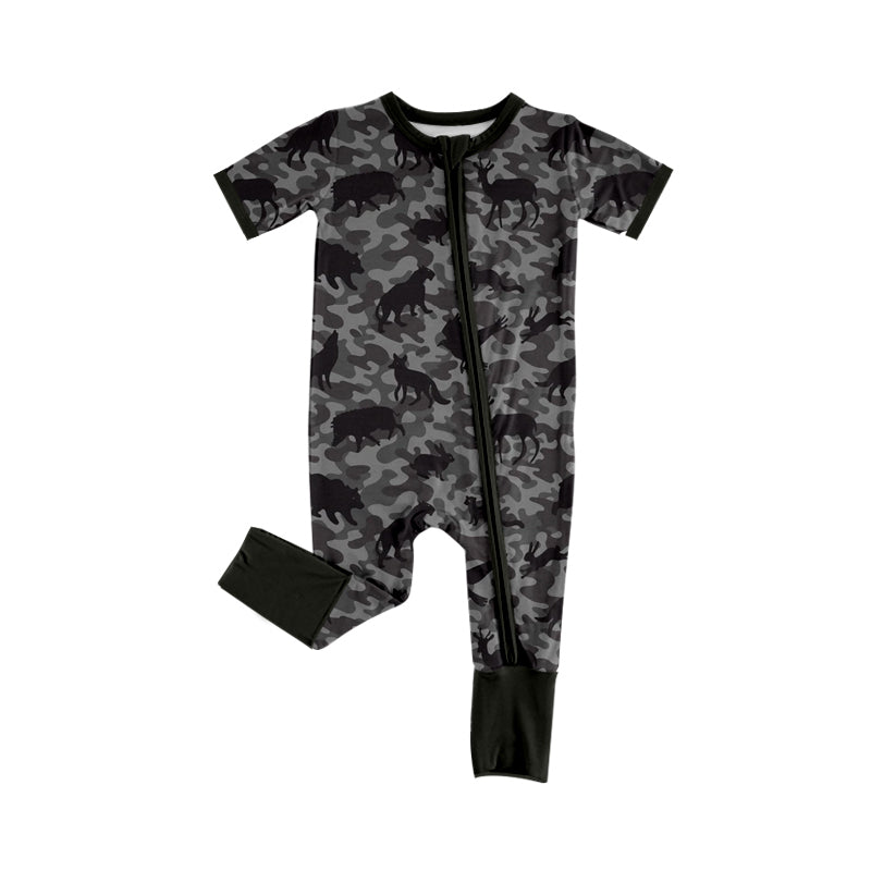 ( Moq 5 ) Preorder Baby Boys Infant Animals Camo Two-way Zipper Footie Hunting Romper