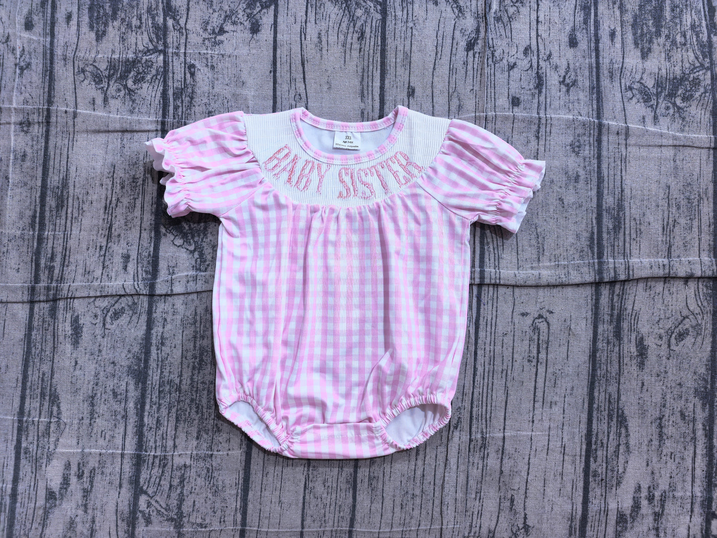 ( No moq ) Preorder Baby Girls Infant Embroidery Baby Sister Pink Plaid Smocked Bubble Romper