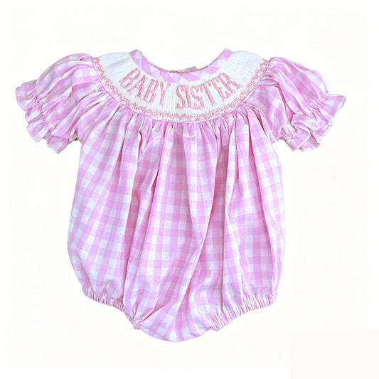 ( Moq 5 ) Preorder Baby Girls Infant Short Sleeves Baby Sister Pink Plaid Bubble Romper Clothes