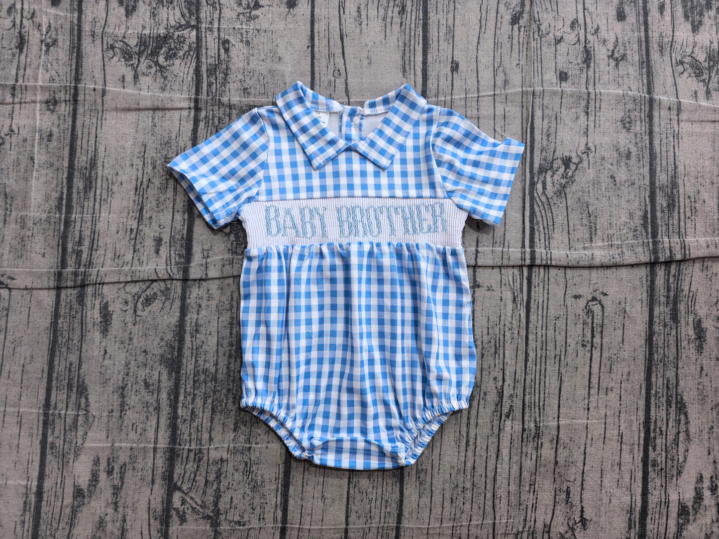 ( No moq ) Preorder Baby Boys Infant Embroidery Baby Brother Blue Plaid Smocked Bubble Romper