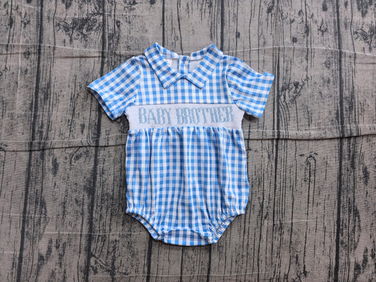 ( No moq ) Preorder Baby Boys Infant Embroidery Baby Brother Blue Plaid Smocked Bubble Romper