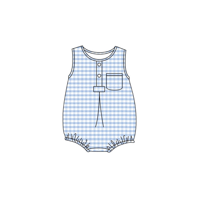 ( Moq 5 ) Preorder Baby Boy Infant Sleeveless Blue Plaid Pocket Summer Bubble Romper