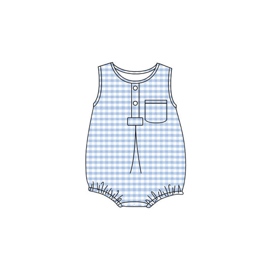 ( Moq 5 ) Preorder Baby Boy Infant Sleeveless Blue Plaid Pocket Summer Bubble Romper