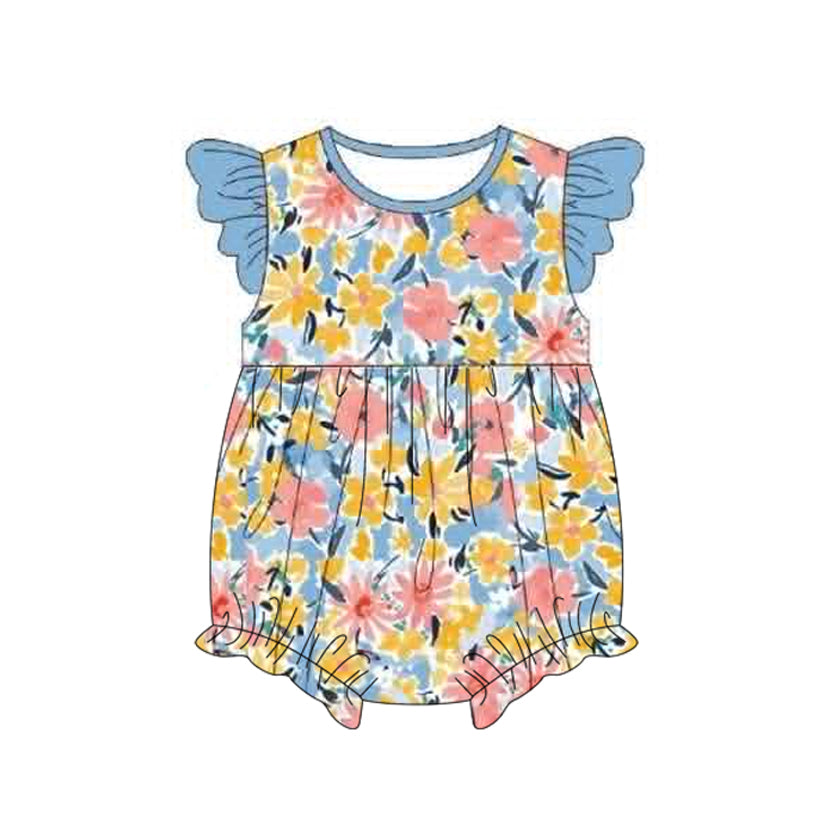 ( Moq 5 ) Preorder Baby Girls Infant Blue Short Sleeves Flower Bubble Romper Clothes
