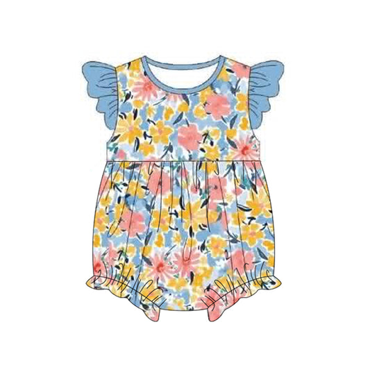 ( Moq 5 ) Preorder Baby Girls Infant Blue Short Sleeves Flower Bubble Romper Clothes
