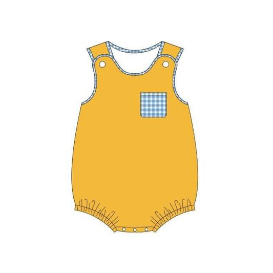 ( Moq 5 ) Preorder Baby Boys Infant Short Sleeves Plaid Pocket Romper Yellow Clothes