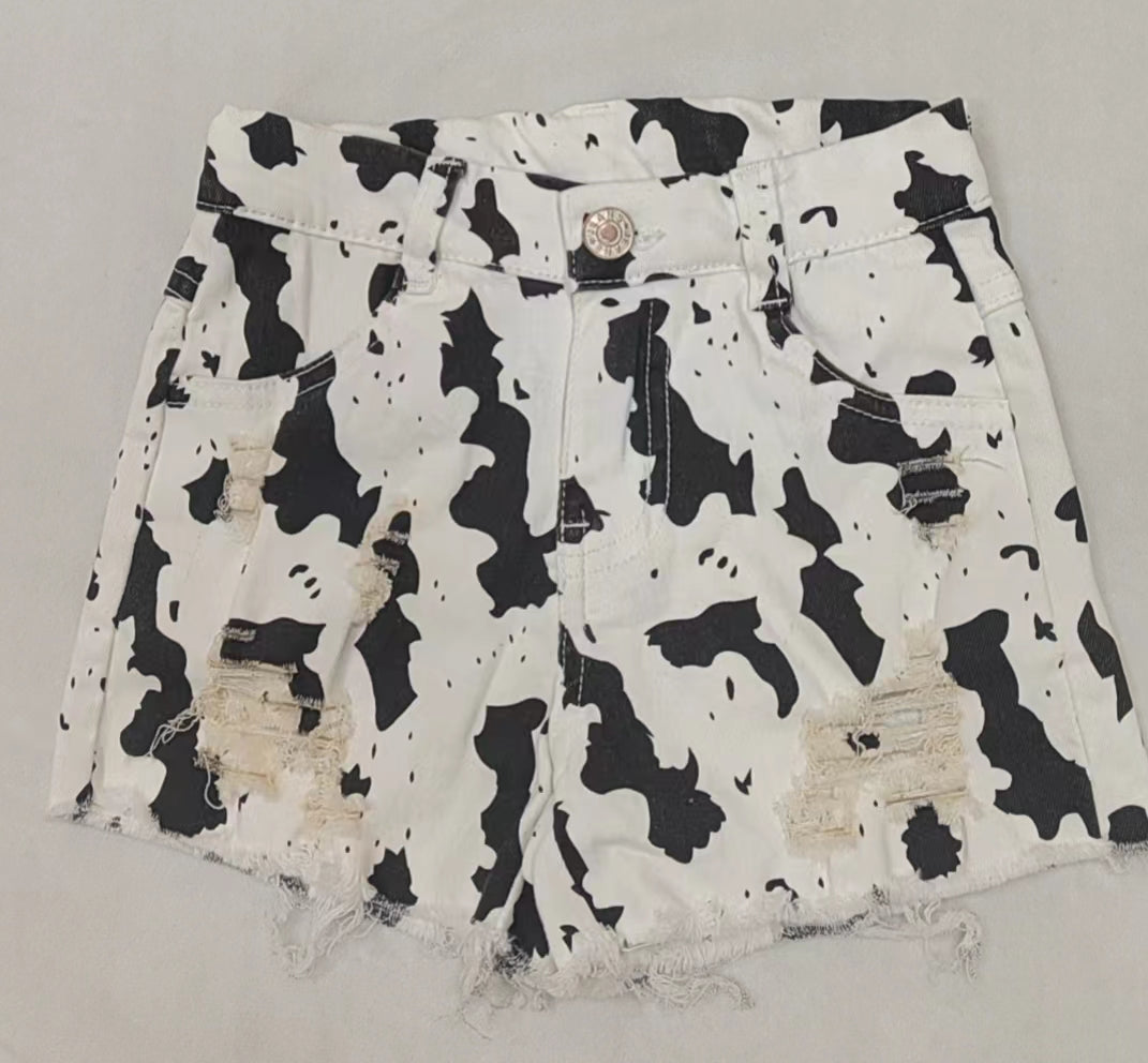 Baby Girl Black White Cow Print Western Denim Shorts