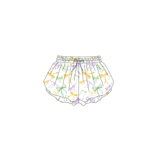 ( Moq 5 ) Preorder Baby Girls Kids Mardi Gras Bows Yoga Active Shorts Bottoms