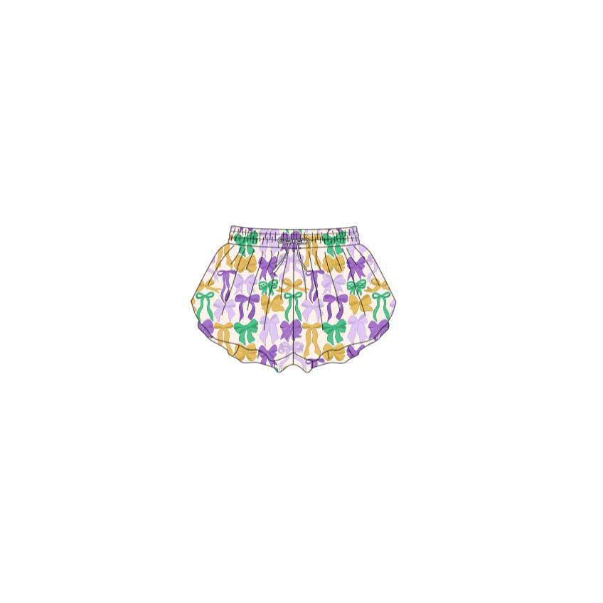 ( Moq 5 ) Preorder Baby Girls Kids Mardi Gras Colorful Bows Yoga Active Shorts Bottoms