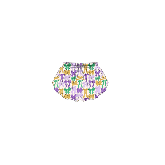 ( Moq 5 ) Preorder Baby Girls Kids Mardi Gras Colorful Bows Yoga Active Shorts Bottoms