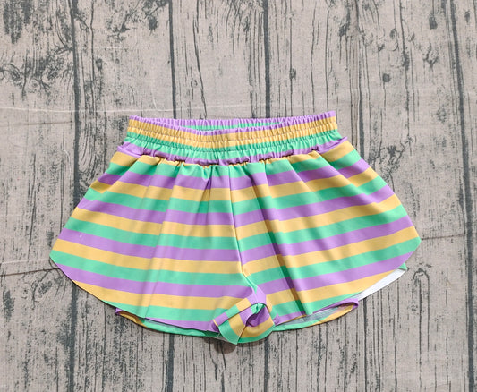 ( No moq ) Preorder Baby Girls Kids Mardi Gras Stripes Yoga Active Shorts Bottoms