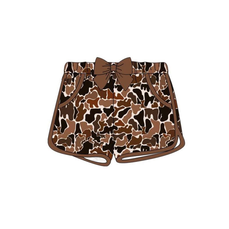 ( Moq 5 ) Preorder Baby Girls Brown Bow Camo Pockets Shorts Bottoms