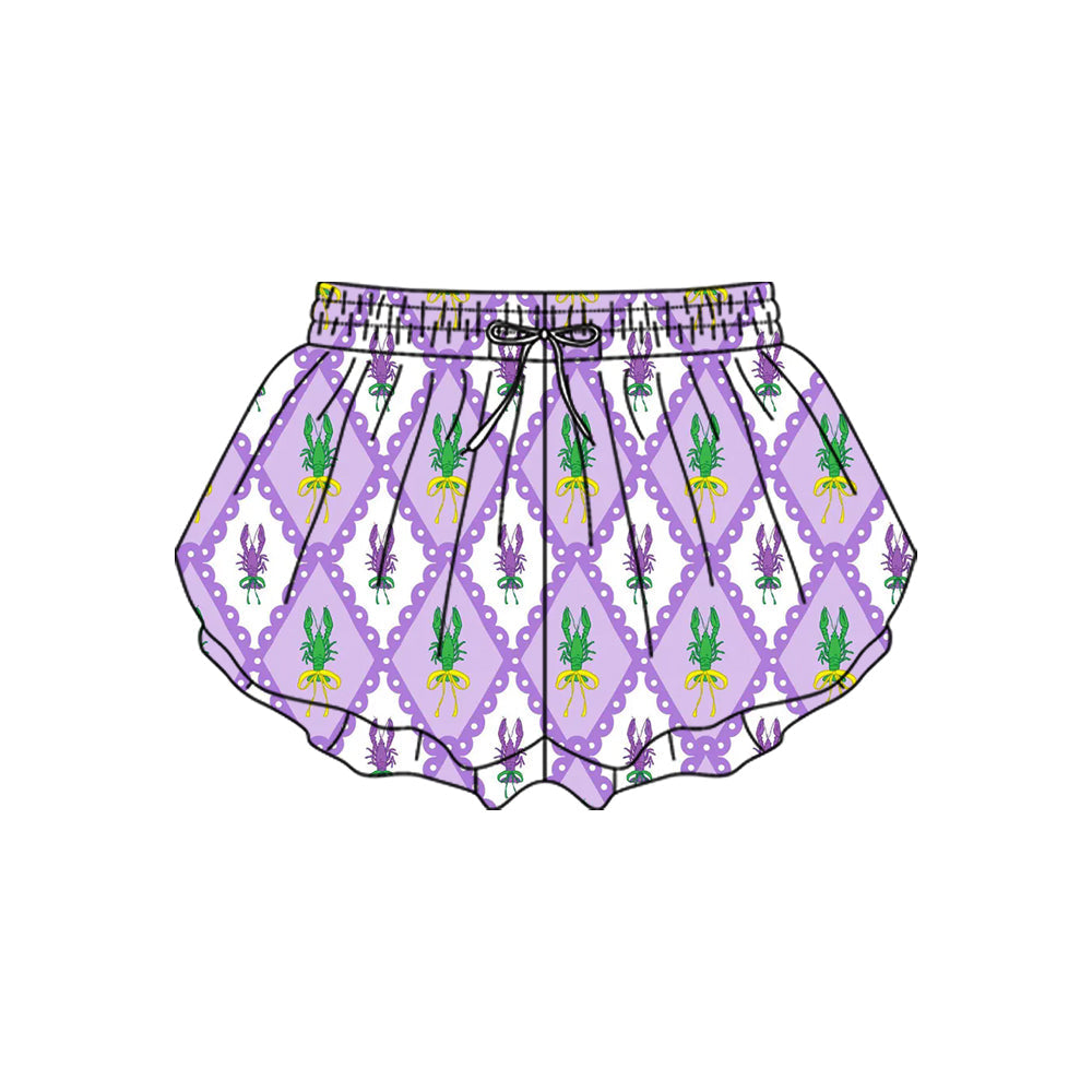 (  Moq 5 ) Baby Girls Mardi Gras Crawfish Yoga Active Ruffle Shorts Bottom