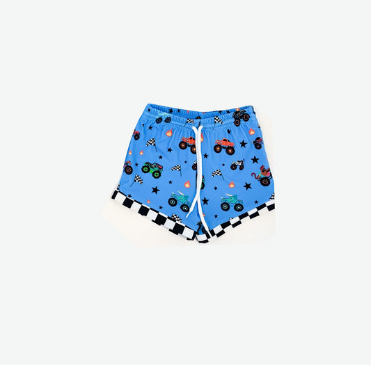 ( Moq 5 )  Preorder Baby Boys Blue Trucks Flags Shorts Bottoms