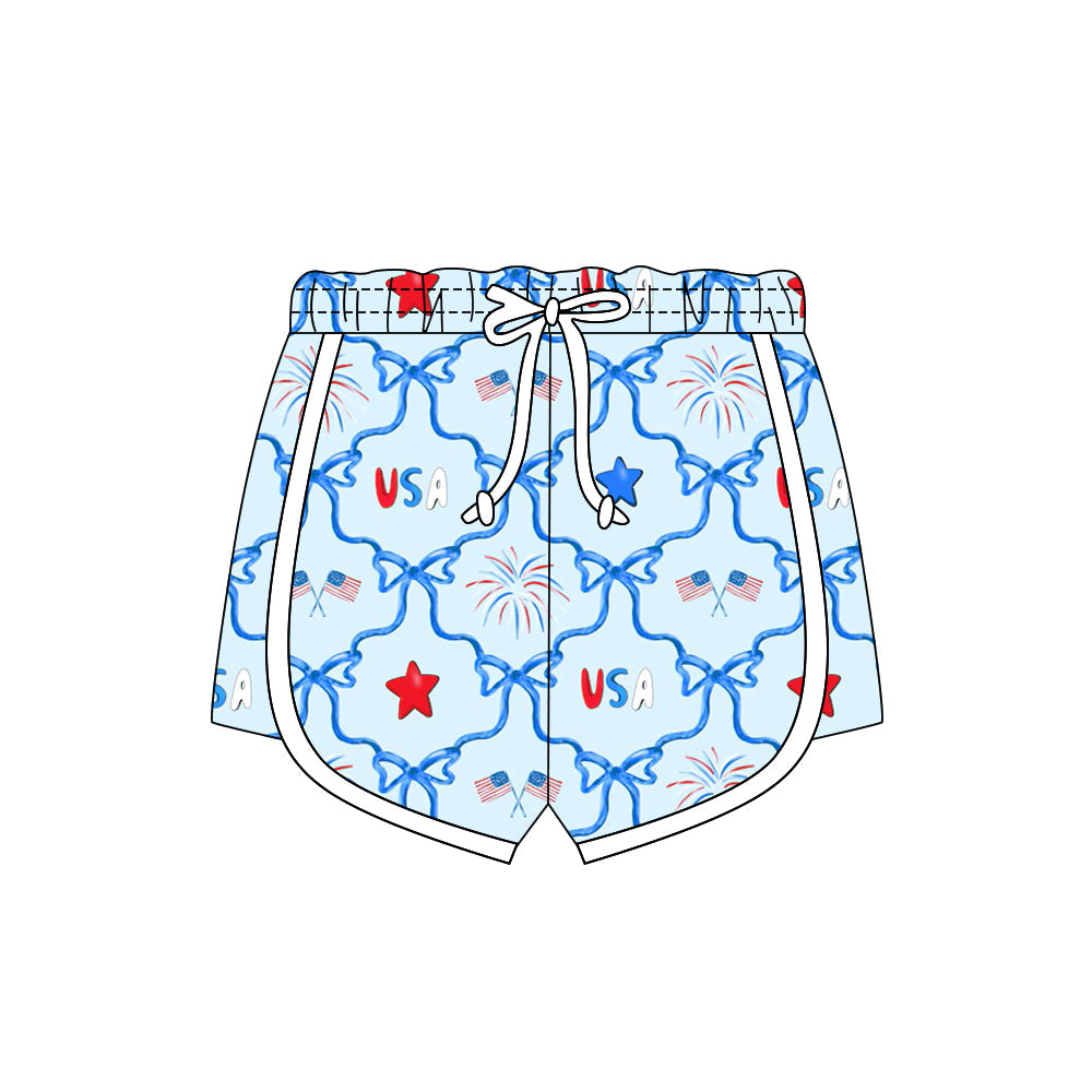 ( Moq 5 ) Preorder Baby Girls Kids Flags Bows 4th of July Blue Shorts Bottoms