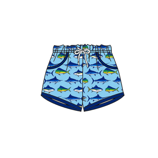 ( Moq 5 ) Preorder Boys Kids Toddler Fish Pockets Swim Trunks Shorts Blue Swimwear