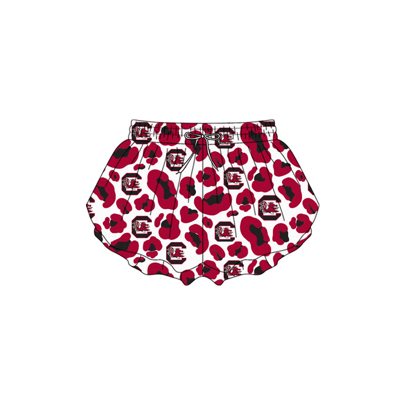 ( Moq 5 ) Preorder Baby Girls Kids Red Leopard Team Yoga Active Ruffle Shorts Bottom
