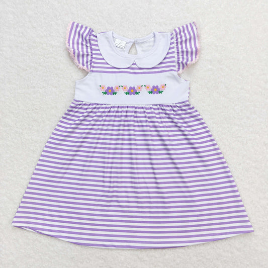 Baby Girl Short Sleeves Embroidery Flower Purple Stripes Dress