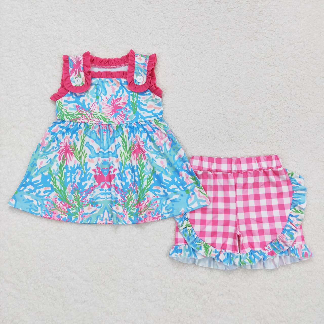 Baby Girls Summer Floral Tunic Pink Plaid Ruffle Shorts Set