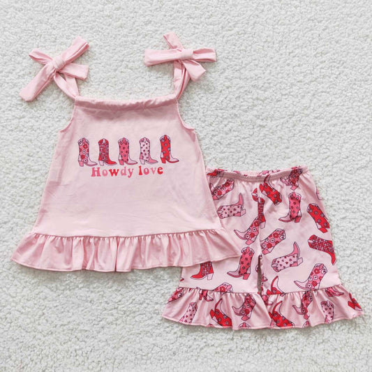 GSSO0270 Baby Girl Howdy Love Top Ruffle Boots Shorts Summer Outfit