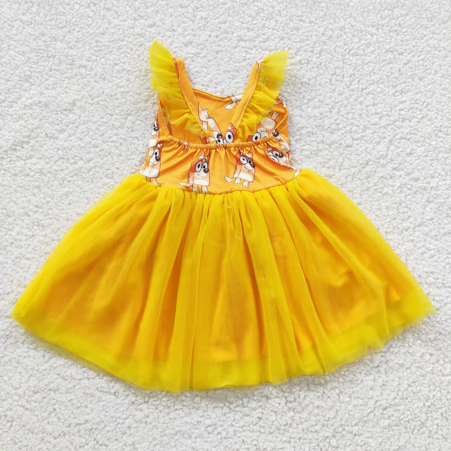 GSD0356 Baby Girl Short Sleeves Summer Dog Yellow Tulle Dress