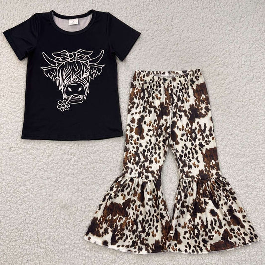 GSPO0686 Baby Kids Short Sleeves Shirt Cow Print Bell Pants Western Outfit