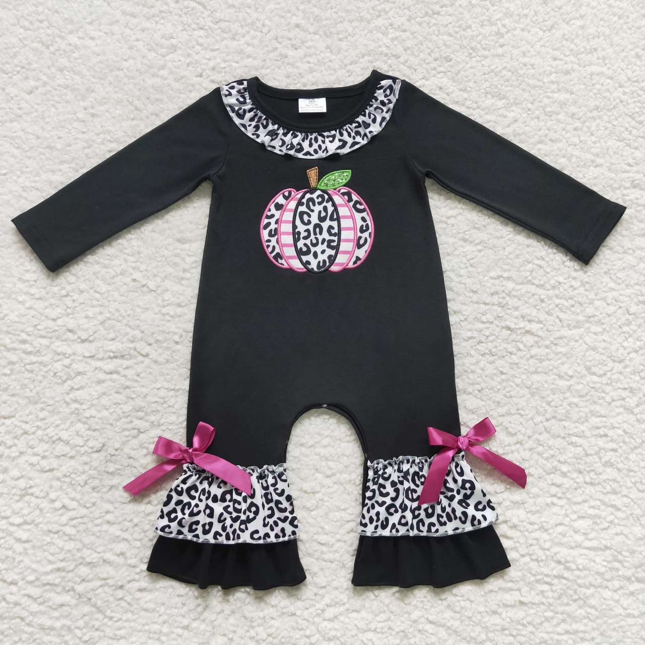 LR0618 Baby Girl Leopard Embroidery Pumpkin Fall One Piece Romper