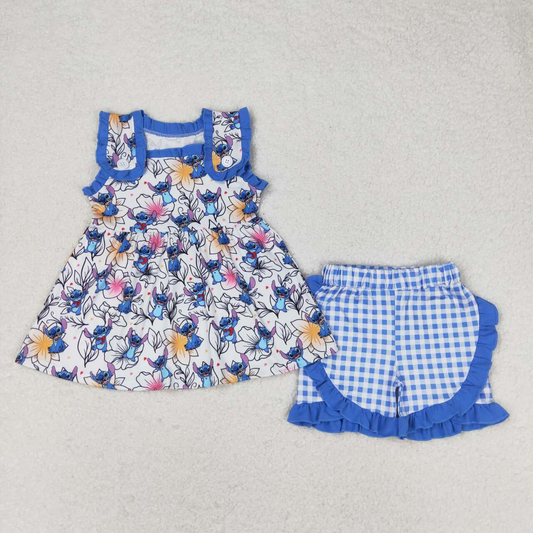 Baby Girl Sleeveless Cartoon Floral Tops Plaid Shorts Summer Blue Set