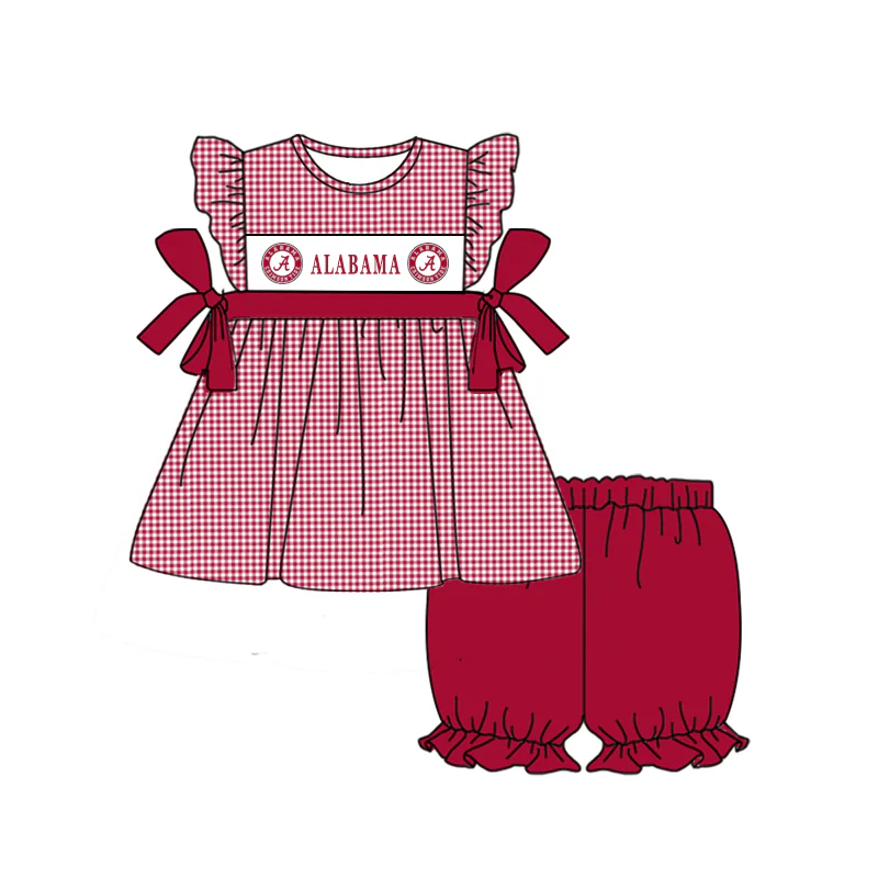 Baby Girl Short Sleeves Plaid Tunic Red Shorts Team Set