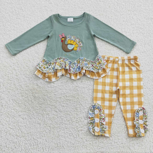 GLP0442 Baby Girl Long Sleeves Embroidery turkey Ruffle Plaid Pants Floral Outfit