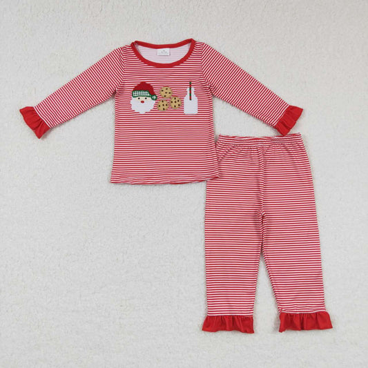 GLP0873 Baby Girl Christmas Santa Long Sleeves Embroidery Cookie Shirt Stripes Pants Red Pajamas Outfit