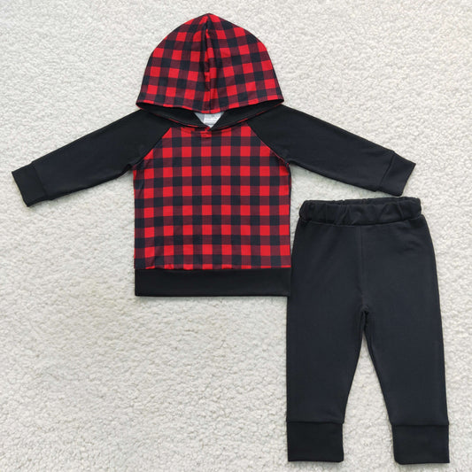 BLP0224 Baby Boy Christmas Long Sleeves Plaid Hoodie Pants Outfit