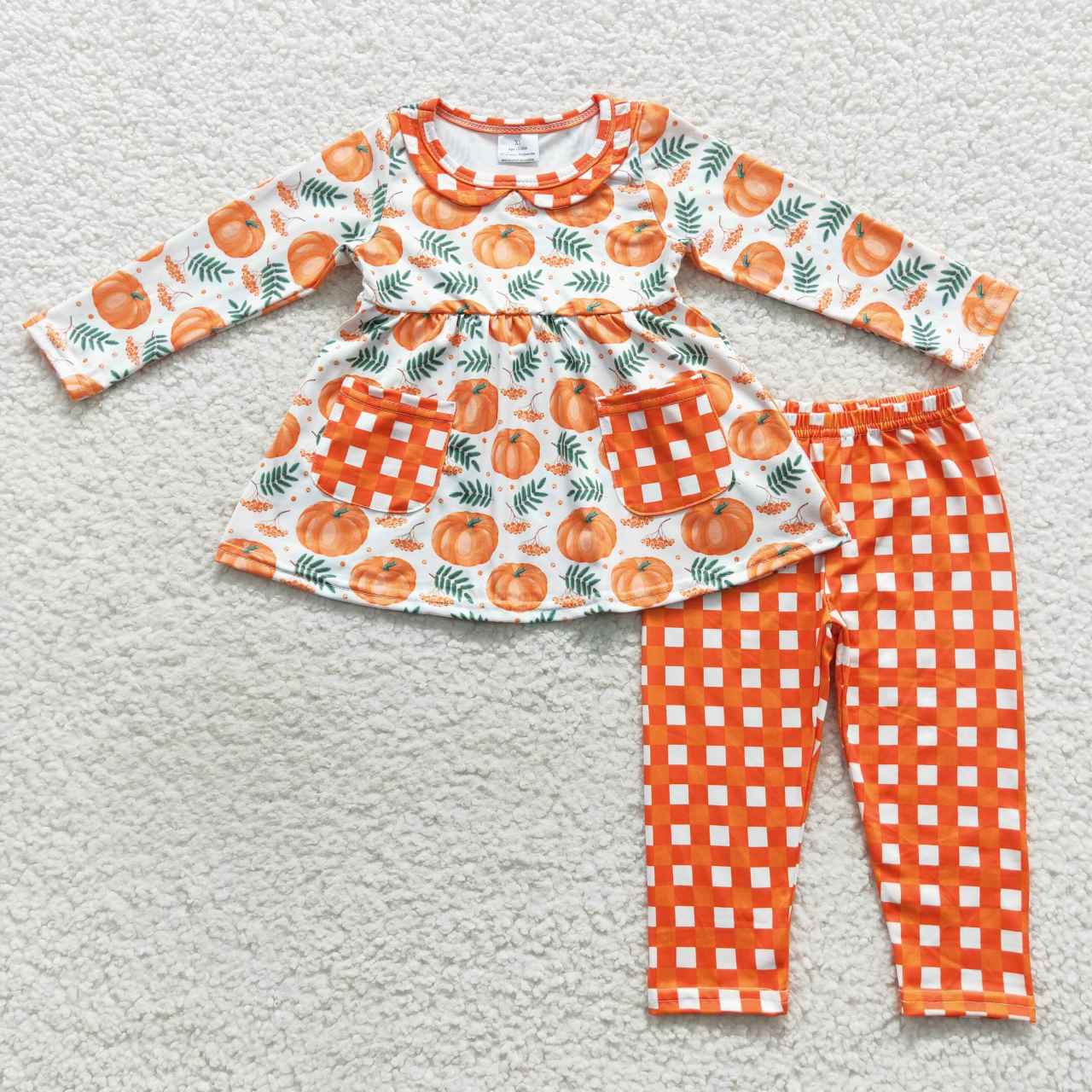 GLP0640 Baby Girl Long Sleeves Pumpkin Pocket Orange Plaid Pants Outfit