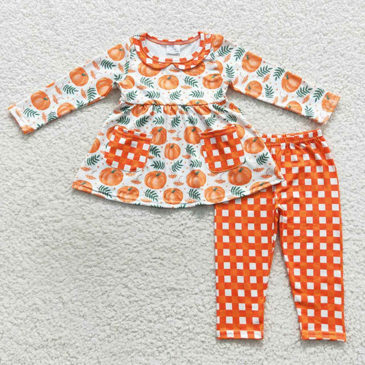 GLP0640 Baby Girl Long Sleeves Pumpkin Pocket Orange Plaid Pants Outfit