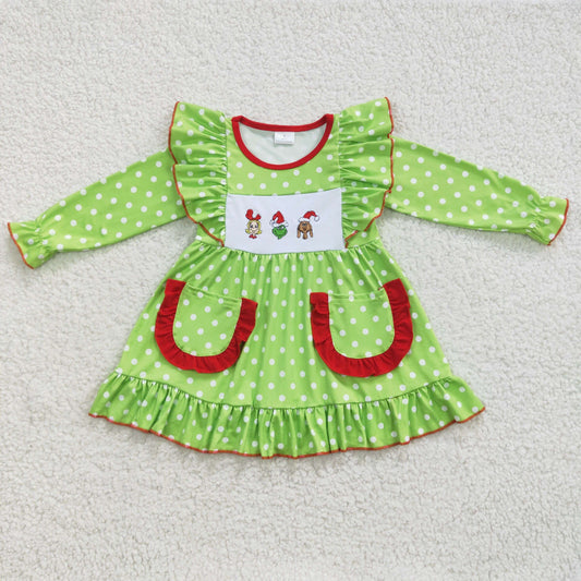 GLD0217 Christmas Baby Girl Long Sleeves Green Embroidery Dress